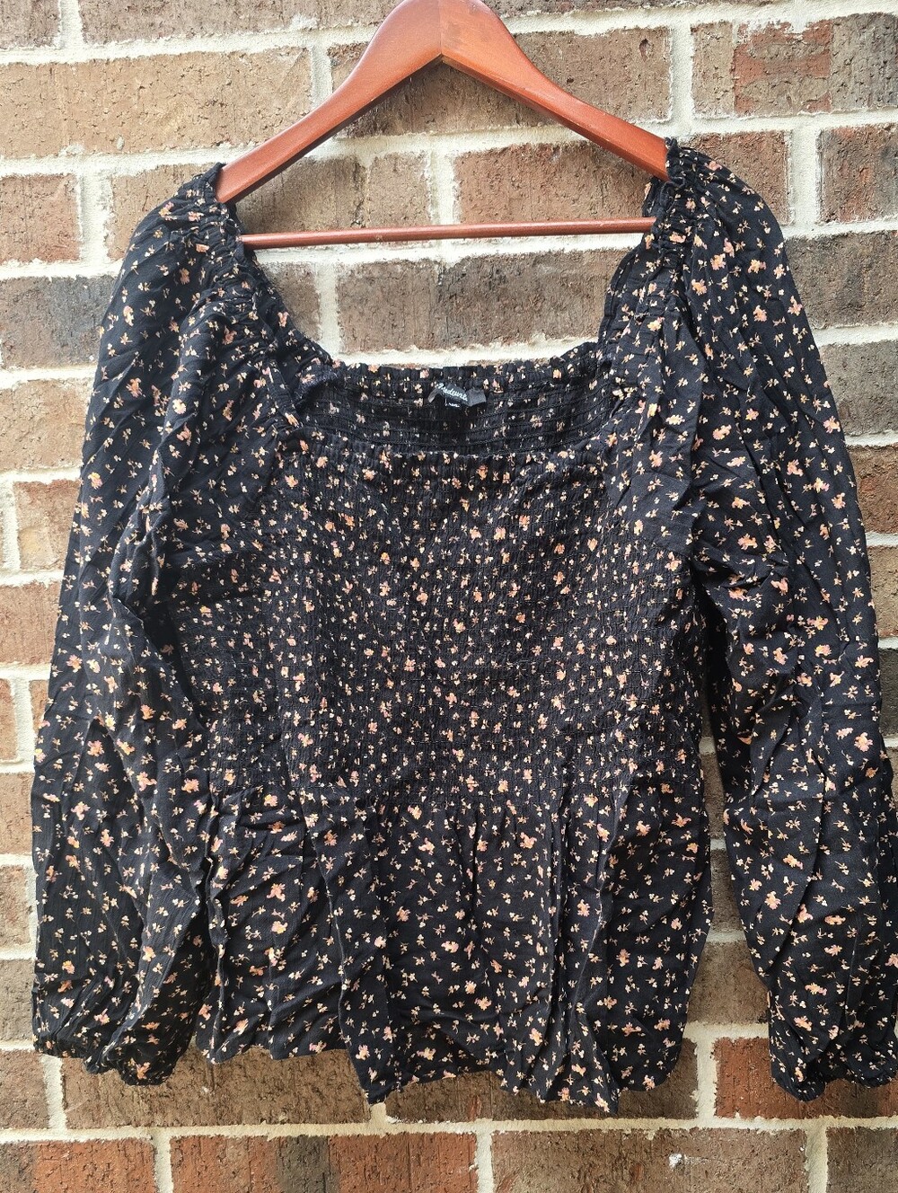 Madewell 20W Black Floral Smocked Puff Sleeve Peplum Top 100% Cotton